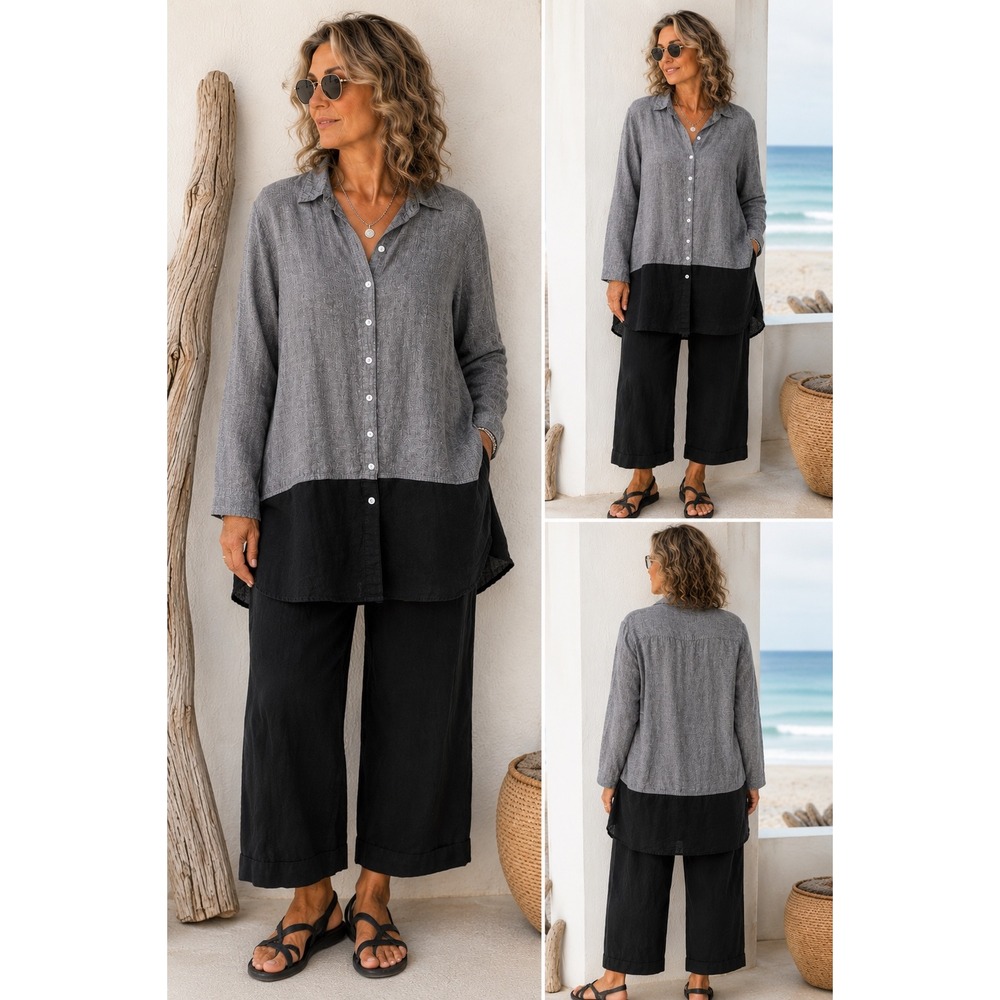 Tahari 100% Linen Colorblock Tunic Top 1X Gray Black Lagenlook Coastal